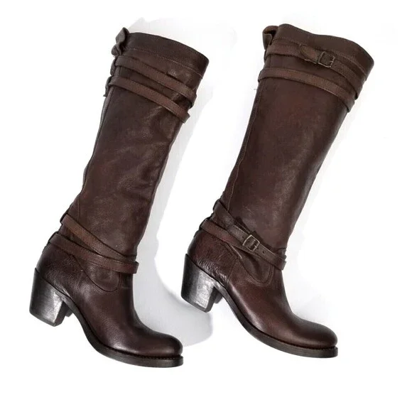 FRYE Jane Heritage Buckle Strap Knee High Western Riding Boots Horse Girl Brown - Picture 2 of 9